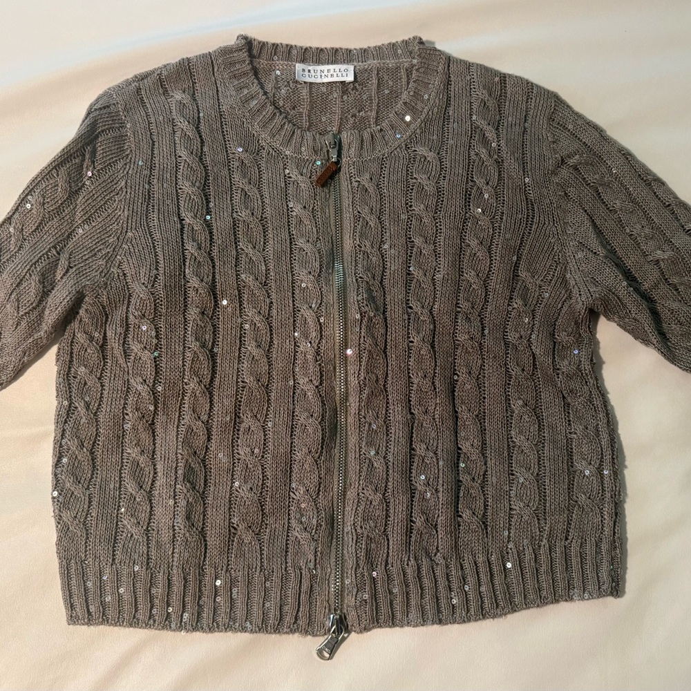 Brunello Cucinelli Taupe Cable Knit Cardigan